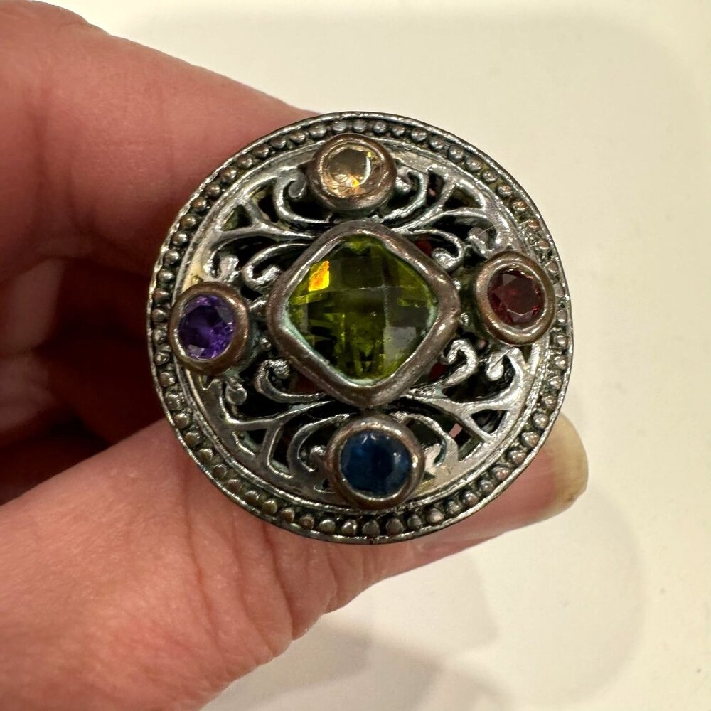 Silver Plated Fairy Goth Ring Sz 7 With Multicolored Gemstones Intricate
